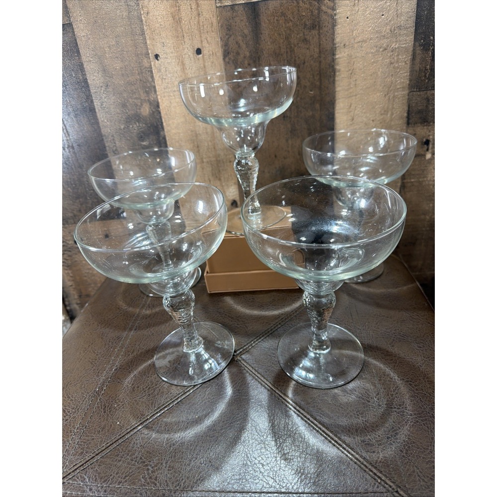Margarita Glasses Set of 5 Clear Hammered Textured Stem Vintage Retro Classic